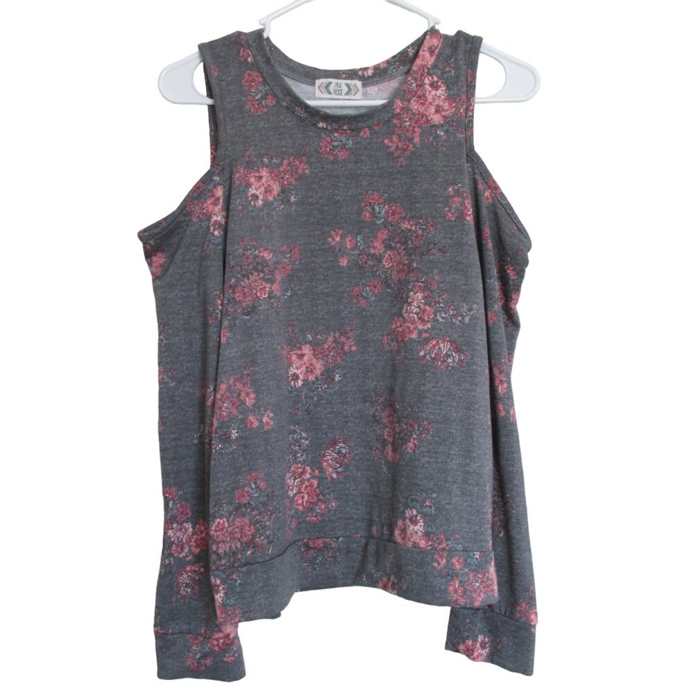 Pink Rose Open Shoulder Sweater Womens Large Gray Pink Floral Long Sleeve Shirt